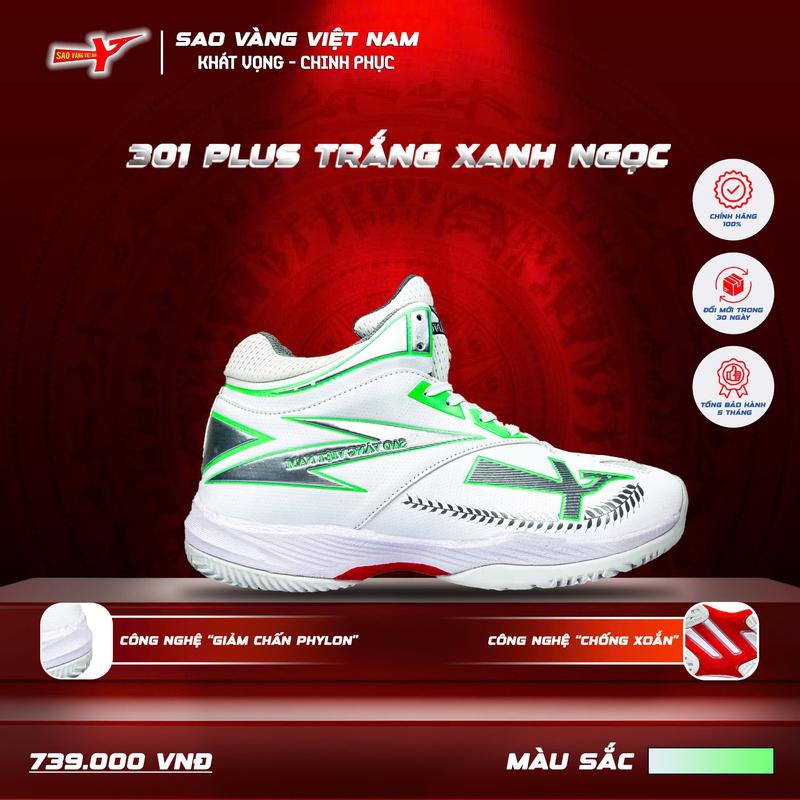 Giày SAO VÀNG 301 Plus Trắng Xanh Ngọc - Giày Bóng Chuyền - Giày Thể Thao