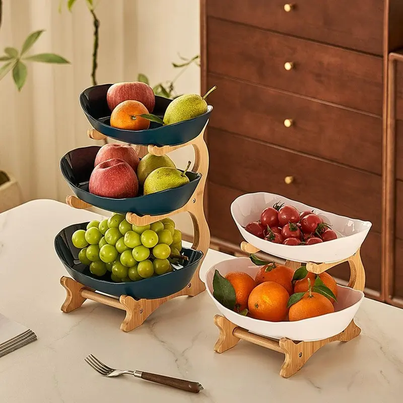 Fruit Bowl Set, 1 Count 2/3 Layer Fruit Snack Storage Bowl with Wooden Stand, Multifunctional Fruit Organizer for Home Kitchen Restaurant, Rack 4