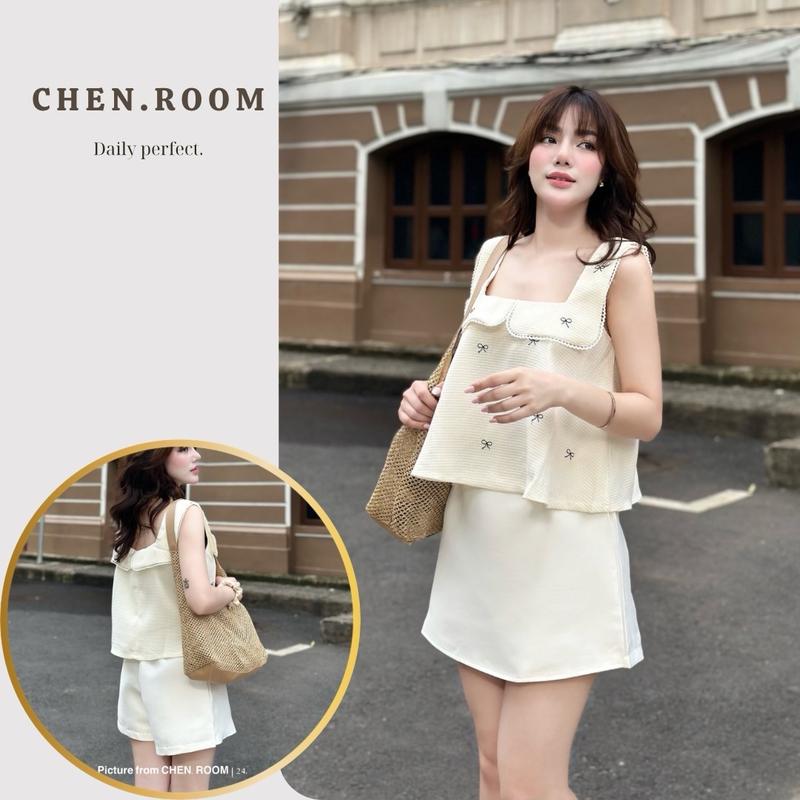 Chen.room - Doona set áo babydoll kem thêu nơ và quần trắng tafta giả váy tiểu thư dễ thương