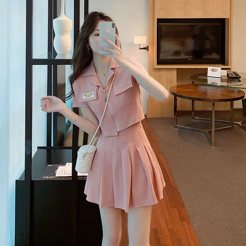 Bộ Đồ Ngắn Tay Thanh Lịch Chống Lão Hóa Mới Mùa Hè 2024 Áo Khoác Ngắn + Chân Váy Xếp Ly Bộ Đồ Hai Mảnh Hợp Thời Trang Cho Nữ Top