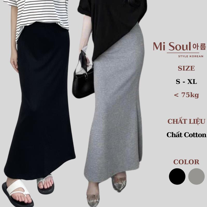 Chân Váy Đuôi Cá Dáng Dài Midi Cạp Chun Chất Cotton BigSize, Chân Váy Suông Dài Cạp Phẳng MiSoul 326 Nữ Women Đen
