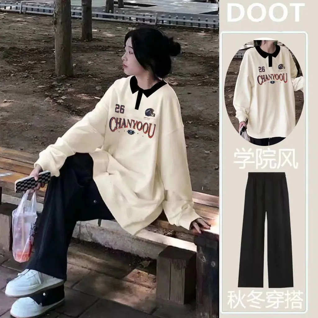 Bộ Đồ Hai Mảnh, Trang Phục Mùa Xuân Và Mùa Thu Cho Học Sinh Nữ, Phong Cách Preppy Tươi Mới, Áo Len Cổ Polo, Quần Ống Rộng, Phong Cách Người Nổi Tiếng Trên Internet, Thích Hợp Cho Nữ set  dạ