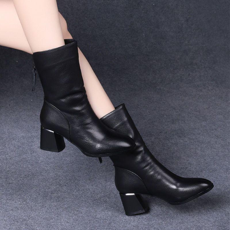 Bốt Cao Su Tổng Hợp, Bốt Cao Đến Mắt Cá Chân Mũi Nhọn Gót Chunky, Giày Da Gót Trung Bình Bốt Martin, Dành Cho Nữ, Bộ Sưu Tập Thu Đông, Hàng Mới Về 2023 4