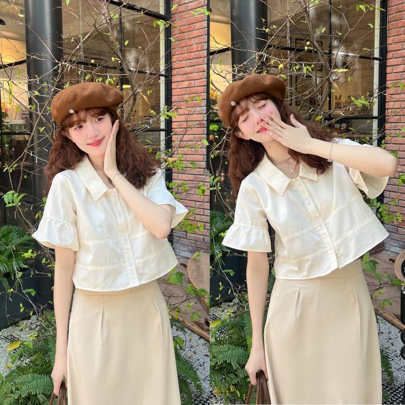  Áo sơ mi kiểu babydoll nút hoa Hara tay bèo bảng màu pastel dễ thương Nữ Shirt 