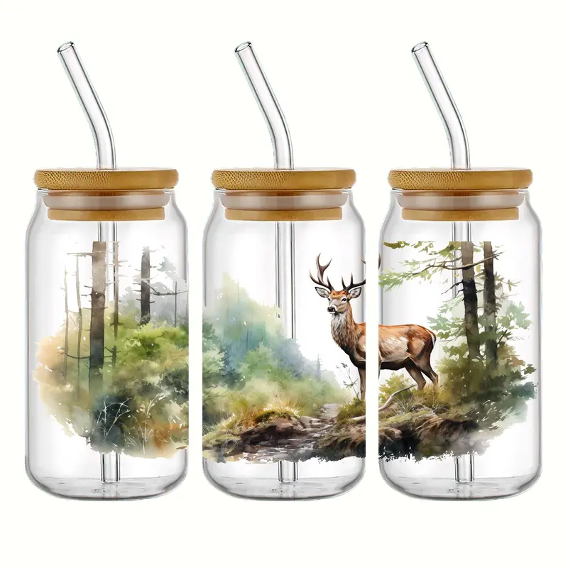 Uv Dtf Transfer Elk in Forest Design Sticker, 5 Counts Deer Pattern Sticker, Self Adhesive Waterproof Sticker, DIY Warp Sticker for 16oz Glass Cups 3