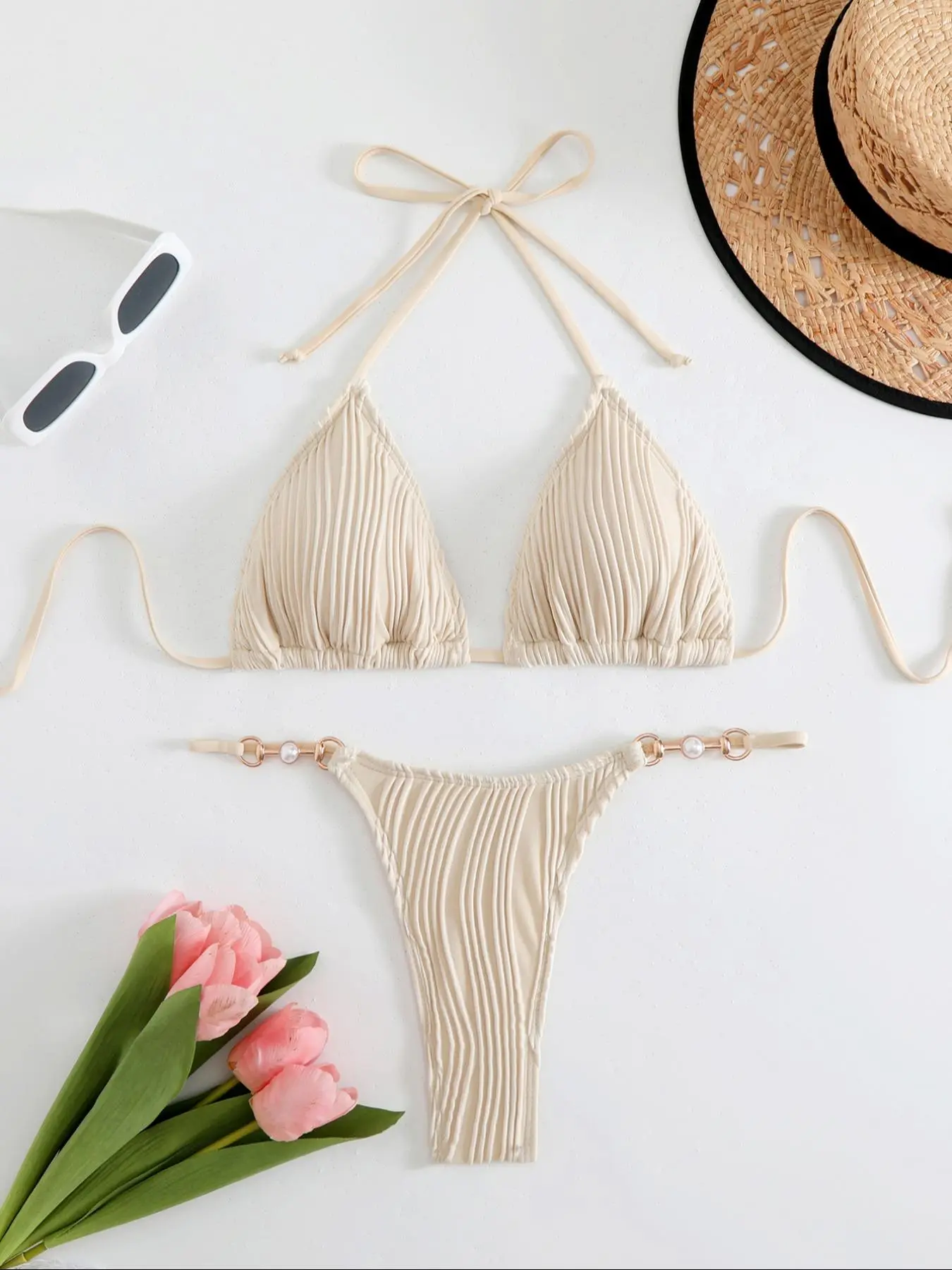 Women's Plain Textured Tie Back Bikini Set, Sexy Halter Triangle Swim Bra & Faux Pearls Decor Swim Thong, Ladies Summer Swimwear Set