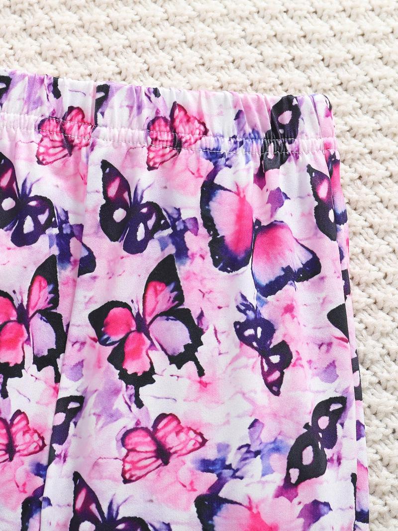 Product Introduction of Girl's Butterfly & Floral Print Tee & Flare Leg Pants Two-piece Set, Casual Fashion Round Neck Short Sleeve T-shirt & Bell Bottom Trousers for Daily Wear, Kids Summer Clothes 4