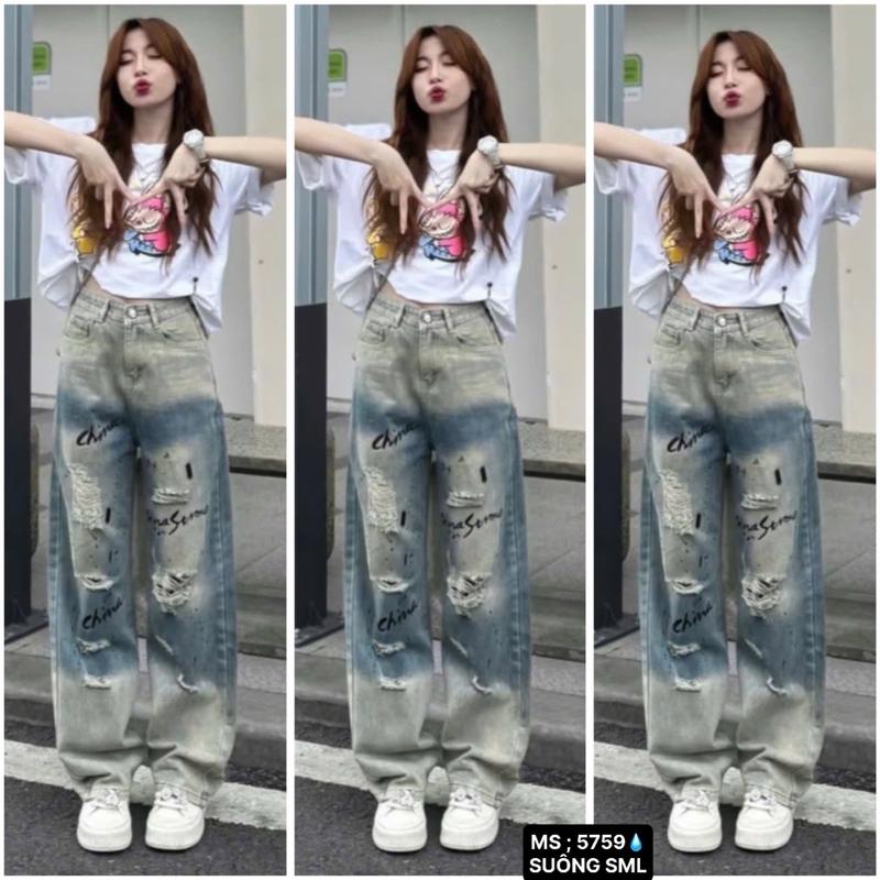 QUẦN JEAN DÀI ỐNG SUÔNG IN CHỮ,JEAN KHÔNG DÃN,IC
