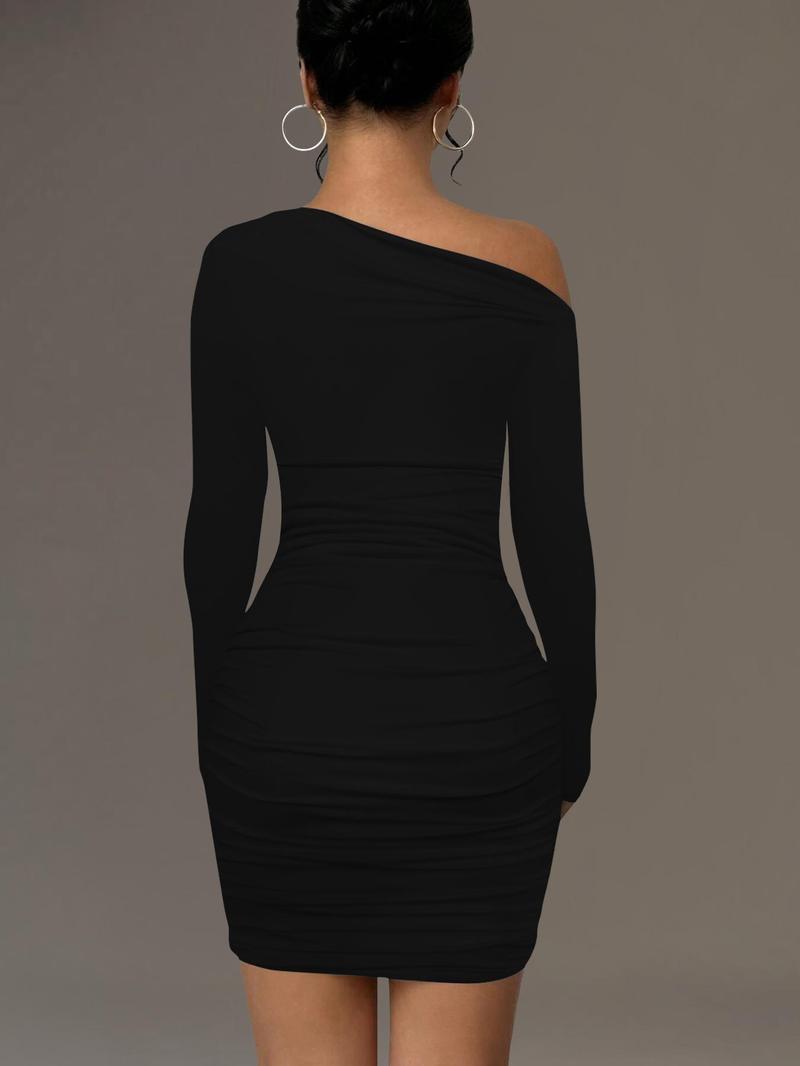 Product Introduction of Women's Plain Ruched Asymmetrical Neck Bodycon Dress, Classy Long Sleeve Short Dress for Party Club Dating Wear, Women's Clothing for Spring & Fall 2