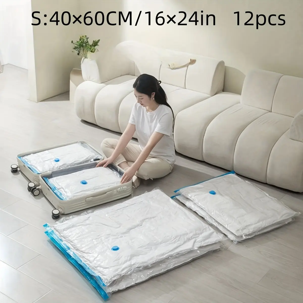 12pcs Space Saver Vacuum Compression Storage Bags, Durable Plastic Seal Bags, Rectangle Zippered Travel Organizer, for Clothes, Pillows, with No Electricity Needed