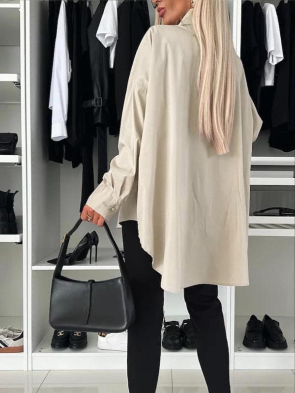 【Plus Size】 Solid Button Front Pocket Drop Shoulder Shirt, Casual Long Sleeve Collared Top for Spring & Fall, Women's Clothes for Daily Wear 4