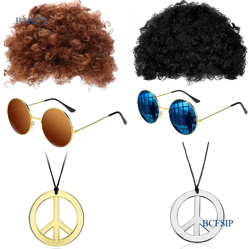 Hippie Costume Set Funky Afro Wig Sunglasses Peace Sign Necklace For 50/60/70s Theme Party