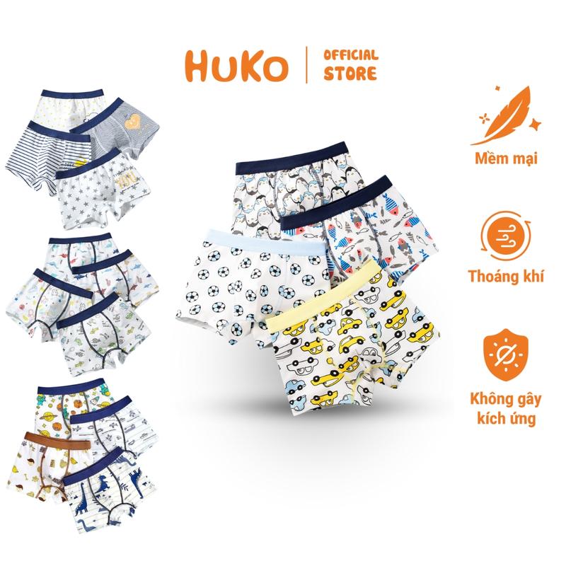 Combo 4 Quần Chip Cho Bé Trai HUKO HLGS, Quần Lót Đùi & Tam Giác Cotton Co Giãn Thoáng Mát, Size 13-40kg