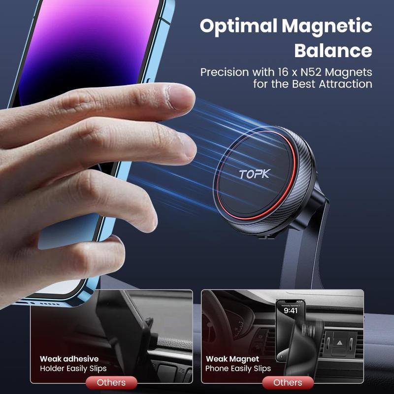 Product Introduction of TOPK Magnetic Car Phone Holder, 360° Adjustable Car Phone Mount, Universal Car Interior Accessories for iPhone Samsung Devices 4