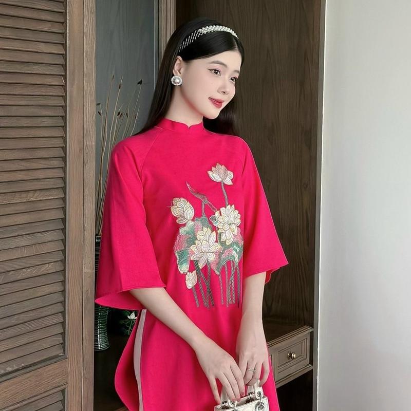 [Tiệm nhà Mây-M001] Áo dài Nhã Linh chất linen thêu hoa, quần Ngọc trai 5
