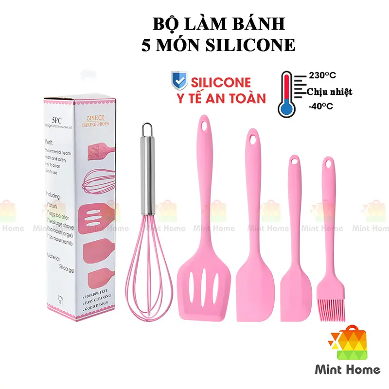 Bộ dụng cụ làm bánh 5 món silicon, nấu ăn, trà sữa, chè gồm chổi, spatula trộn bột, đánh trứng, xẻng silicone chịu nhiệt 0