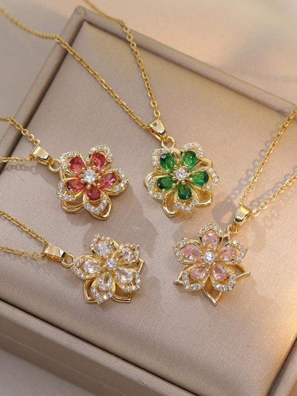 Rotatable Flower Design Pendant Necklace for Women, Rhinestone Decor Necklace for Party, Daily Clothing Decor, Trendy & Exquisite Jewelry for Holiday Parties 0