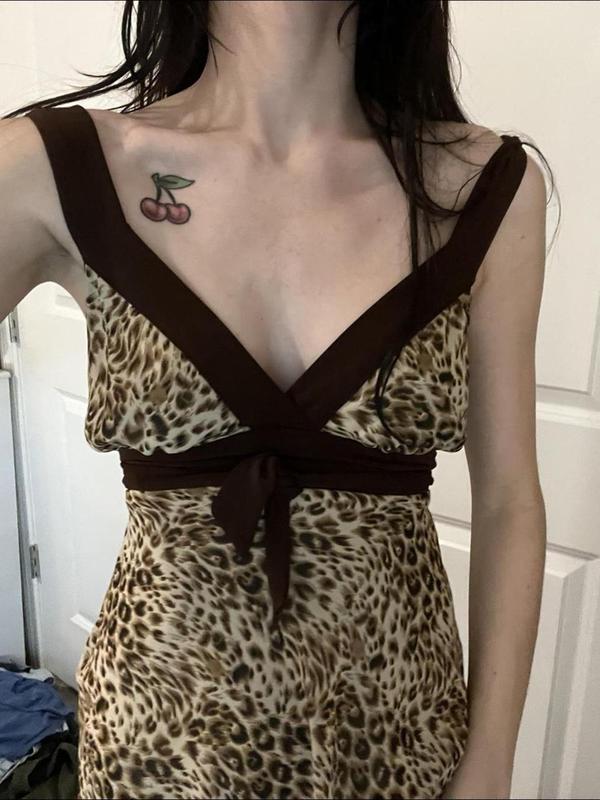 Women's Leopard Print Bow Decor Contrast Binding Tank Top, Asymmetrical Hem Sleeveless Top for Summer, Fashion Women's Top for Daily Wear Valentine's Day, gift 4