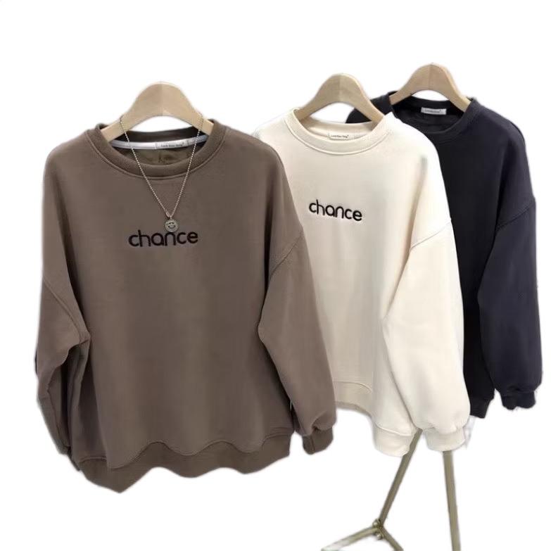 Áo nỉ sweater nữ chất liệu nỉ tàu ấm áp Chữ CHANCE,áo hoodie nữ cổ tròn có lót lông form rộng tay bồng mẫu mới 2025 top nỉ ép hàn