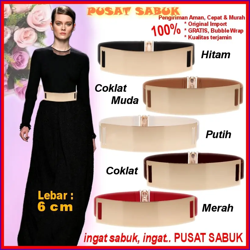 Gesper Plat GOLD Karet Obi Sabuk Ikat Pinggang Elastis Wanita Fashion Import Emas Women Belt 6 Hitam