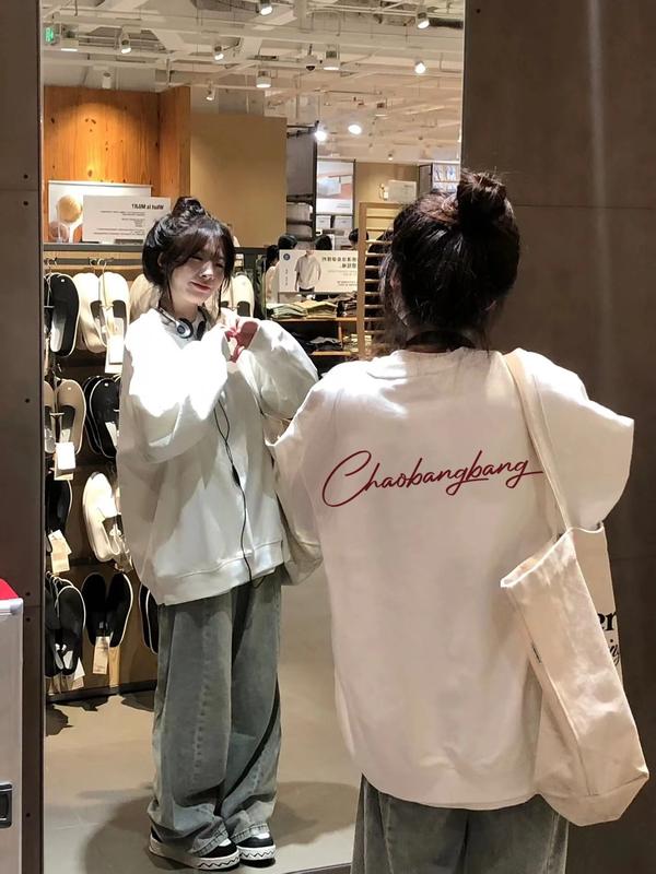 Fashion vintage long sleeve cổ tròn áo sweater nỉ nữ dày nữ oversize unisex 100%cotton Women Top 3