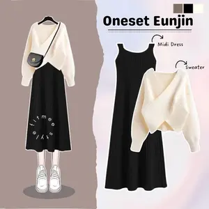 RAMADHAN SALE Eunjin Outfit Set Remaja 2in1 Korean Style Sweater Rajut Cross Top, Midi Dress Rajut Oneset Wanita Baju Casual Panjang Setelan
