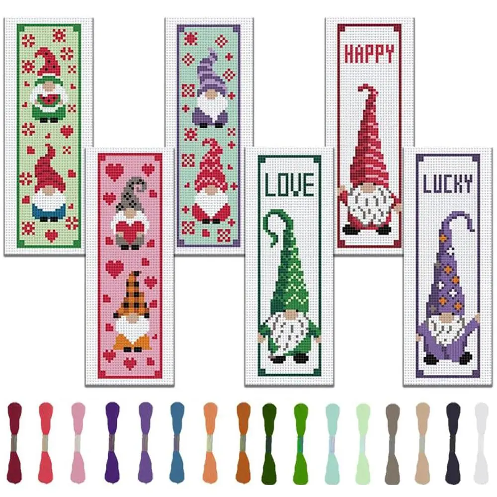 Cartoon Dwarf & Letter Pattern Cross Stitch Bookmark DIY Kit, 6 Counts/set Cross Stitch Embroidery Kit with Random Color Accessories, DIY Cross Stitch Kit for Beginners