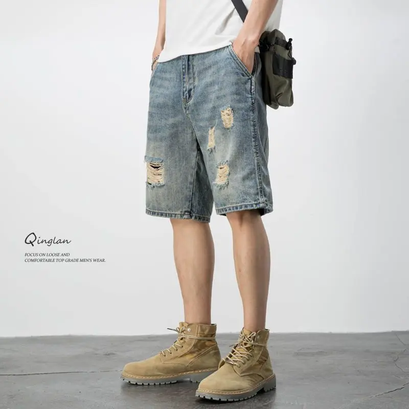 Quần Soóc Denim Rách, Phong Cách Cổ Điển Thường Ngày Mỹ, Dáng Rộng Vừa Vặn, Thiết Kế Làm Cũ Và Hợp Xu hướng Dễ Phối Đồ Thích Hợp Cho Nam Giới, Quần Đùi Đẹp Trai Ruan, Quần Mùa Hè, Quần Mặc Trong