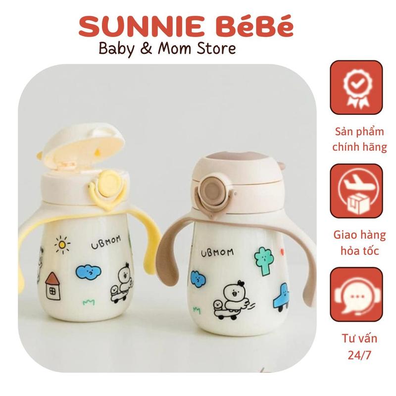 [Có QT]- Bình hút nước, hút sữa chống sặc cho bé Ubmom Hàn Quốc 260ml, có nắp bật và tay cầm dễ thương 0