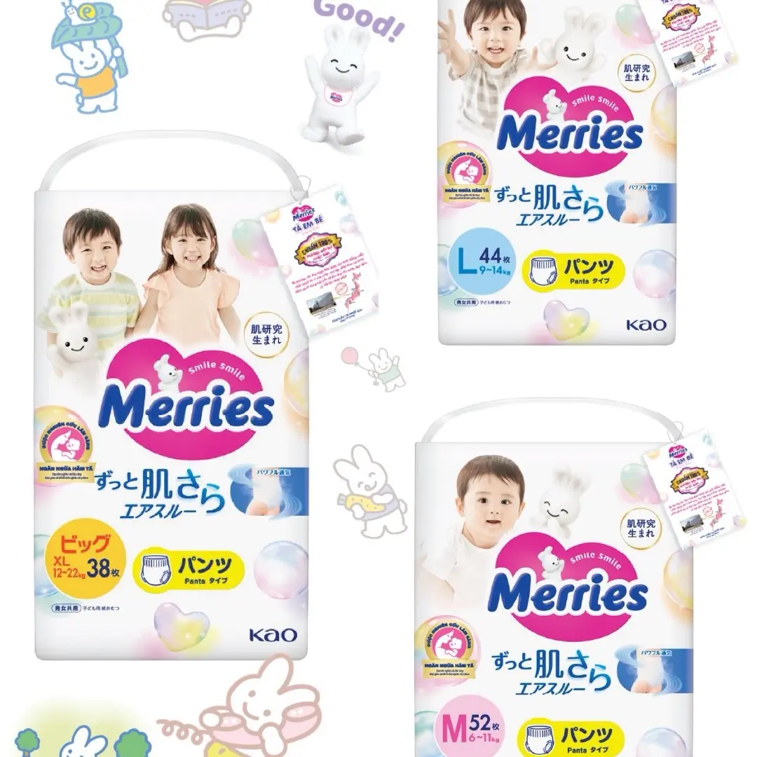 Bỉm dán/quần Merries - đủ  size NB76+6/S70+6/M52+6/M56+4/L44/XL38+6/XXL26+2 Cho Bé Yêu