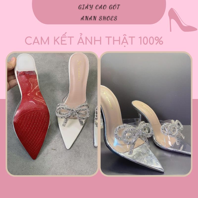 Dép Cao Gót 7p Và 9p Guốc Nơ Mũi Nhọn Quai Mika Êm Mềm Dẻo Dính Nơ Đá 2 Tầng Lấp Lánh Sang Trọng, Đi Tiệc - Anan Shoes 8