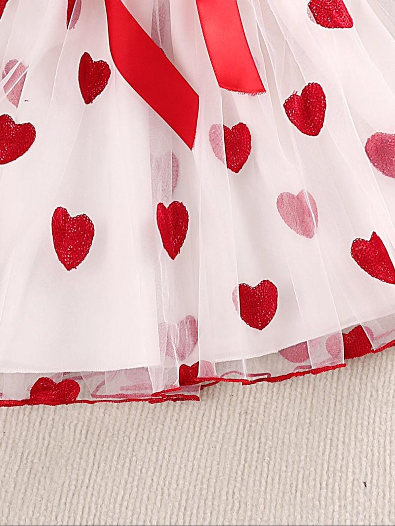 Product Introduction of Girl's Heart Print Bow Front Lettuce Trim Knee Length Dress, Cute Butterfly Cap Sleeve Ruffle A Line Dress for Party Holiday Wedding Guest, Kids Summer Clothes 5