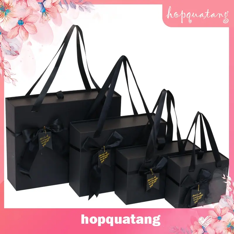 Hộp Quà Sinh Nhật Hộp Đựng Quà Tặng Màu Đen Gắn Nơ Có Quai Xách Cứng Cáp Sang Trọng 6