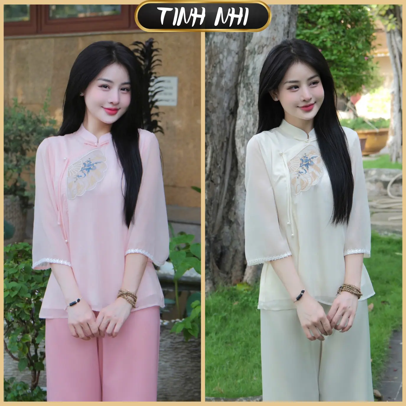 Tinh Nhi đồ lam đi lễ voan tơ thêu quạt tiểu thư PP237 Nhung Nữ