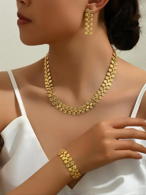 Women's Elegant Flower Design Jewelry Set, Exquisite Trendy Pendant Necklace & Dangle Earrings & Bracelet, Fashionable Jewelry Set for Party & Daily Clothing Decor 0