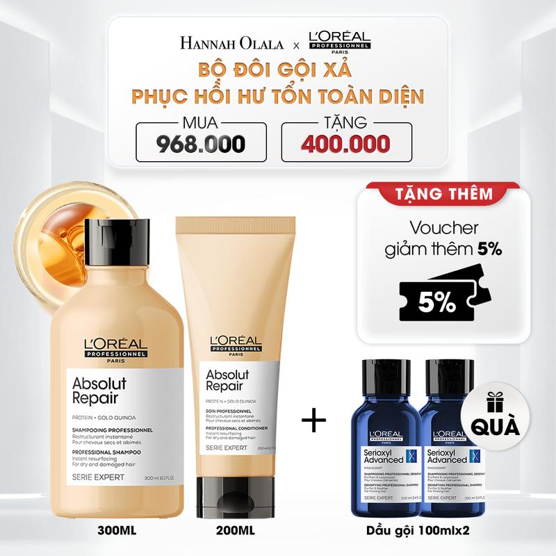 [Hannah x LP] Deal 3: Combo phục hồi tóc hư tổn LOreal Professionnel Serie Expert Absolut Repair Gold Dầu gội 300ml và Dầu xả 200ml