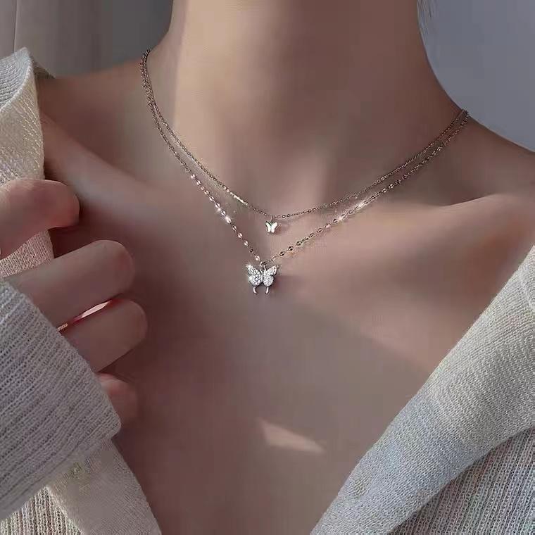 Loket Rama Rama Kalung Dua Lapisan, Gaya Korea, Loket Rama-rama Berkilat, Untuk ...