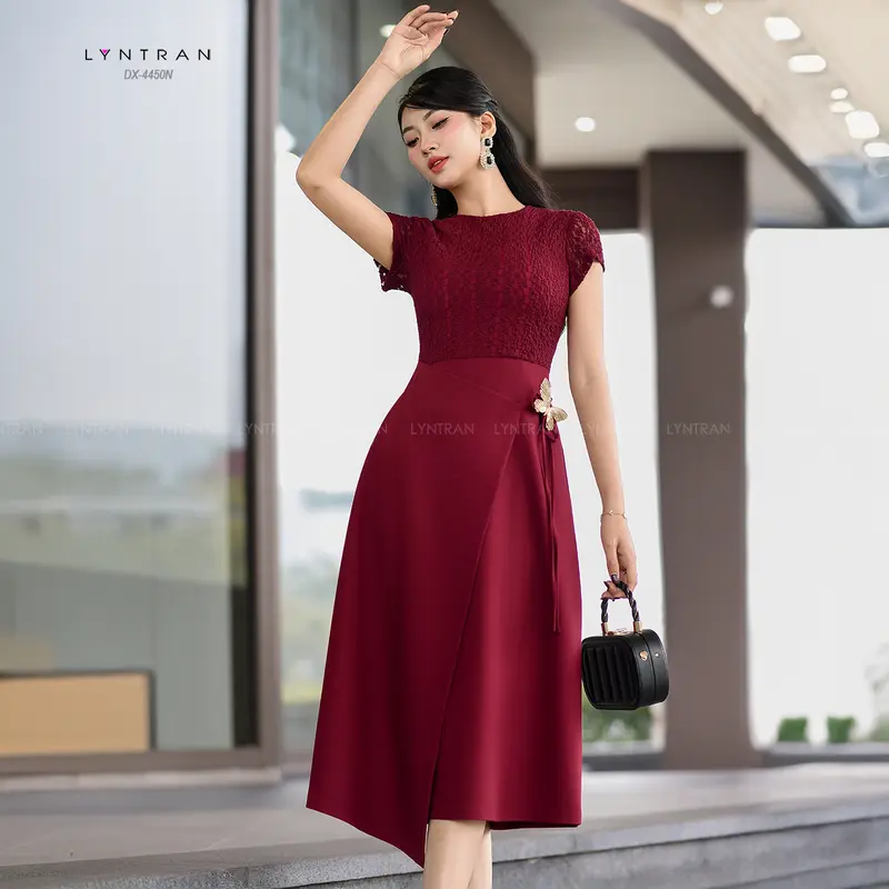 Đầm xoè ngắn tay hai tà váy hàng thiết kế LYNTRAN DX-4450N - Chất Len zen hoa phối chéo ý, dài 110cm, 2 lớp thân trên - Size S,M,L,XL - Nữ Women Dress  Trắng 3