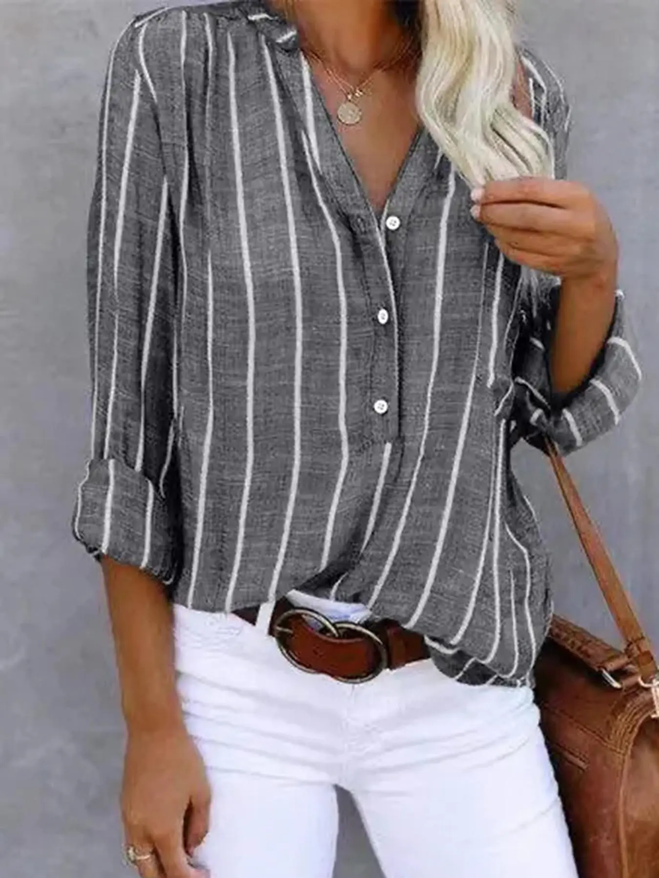 Plus Size Striped Print Button Front Notched Blouse, Casual Drop Shoulder Long Sleeve Top for Daily Outdoor Wear, Women Plus Clothing for All Seasons