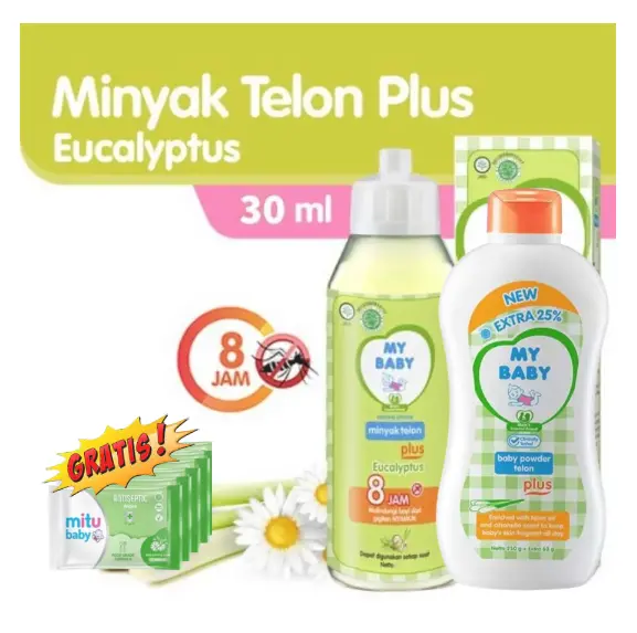 PROMO TERMURAH PAKET MINYAK TELON MY BABY, BEDAK TABUR BAYI /ANAK, BABY OIL ORIGINAL ,HALAL,AMAN BPOM GRATIS TISSUE UK. 30,60,90,150 ML. 1