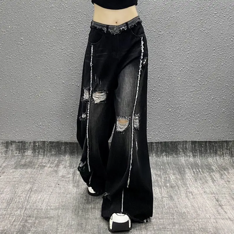 Quần Jean Ống Rộng, Phong Cách Mỹ, Dành Cho Nữ, Ngoại Cỡ, Thiết Kế Rách Sờn, Phong Cách Hip Hop, Chắp Vá, Dễ Phối Đồ, Quần Dài Đến Sàn Xếp Nếp, Hợp Xu hướng 2