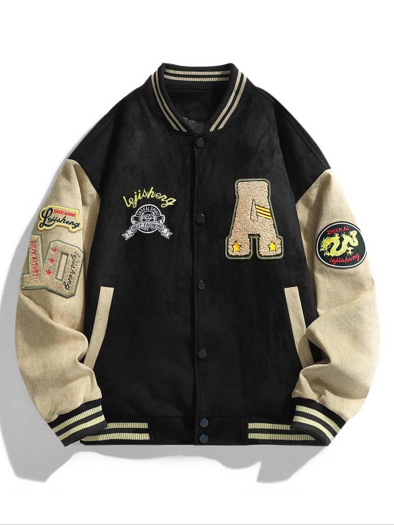 Product Introduction of Men's Letter Embroidery Pocket Baseball Jacket, Casual Drop Shoulder Long Sleeve Button Front Outerwear for Fall & Winter, Men's Clothes for Daily Wear 1