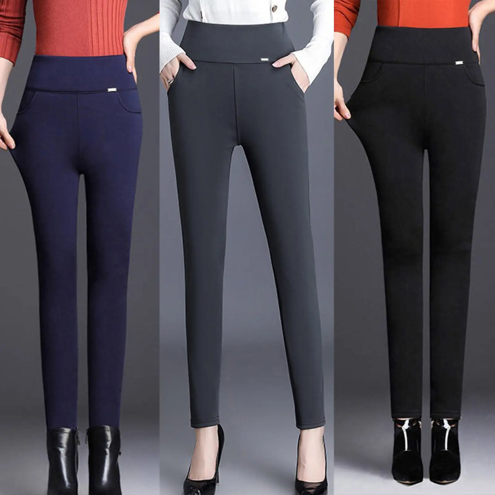 donmowh Slim Solid Color Thin Type Women Pants High Waist Stretchy Pencil Pants for Daily Wear
