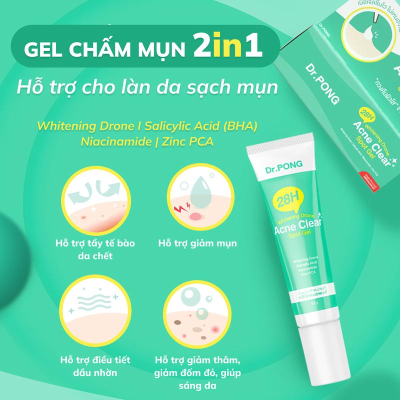 Gel chấm hỗ trợ giảm mụn Dr.PONG 28H Whitening Drone Acne Clear Spot 10g 2