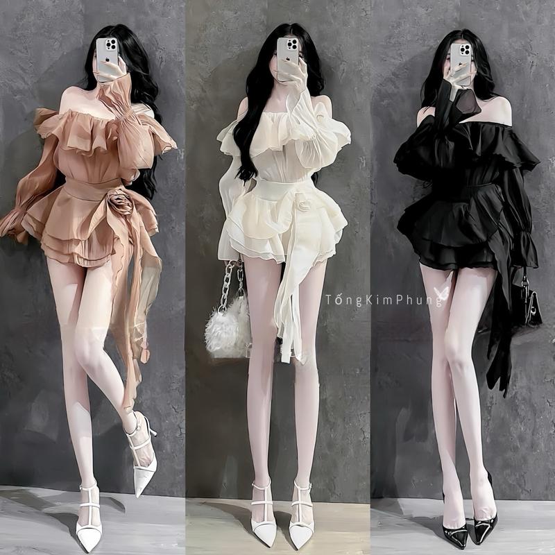 Sét Váy Trễ Vai Tay Dài Ống Loe Phối Chân Váy Hoa Eo Tua Rua 3 Lớp(full lớp)