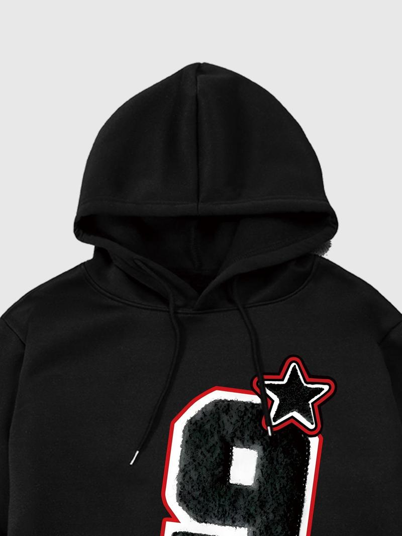 Product Introduction of Two-piece Set Men's Star  and Number Patched Drawstring Hoodie & Elastic Waist Sweatpants, Regular Fit Casual Fashion Cozy Breathable Two Piece Outfits for Daily Outdoor Wear, Men Clothes for Fall & Winter 14