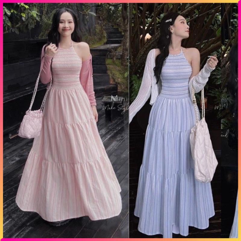 Đầm thời trang nữ mặc đi chơi chất linine cao cấp sọc caro cổ yếm dây đầm maxi kèm khoác borip tay dài váy 1