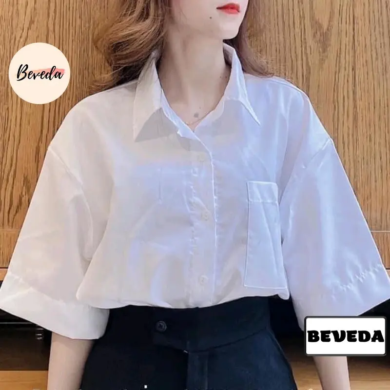 Áo sơ mi trắng tay ngắn form rộng có túi[vải mềm] Nữ Women Top Shirt Ong Voi 2