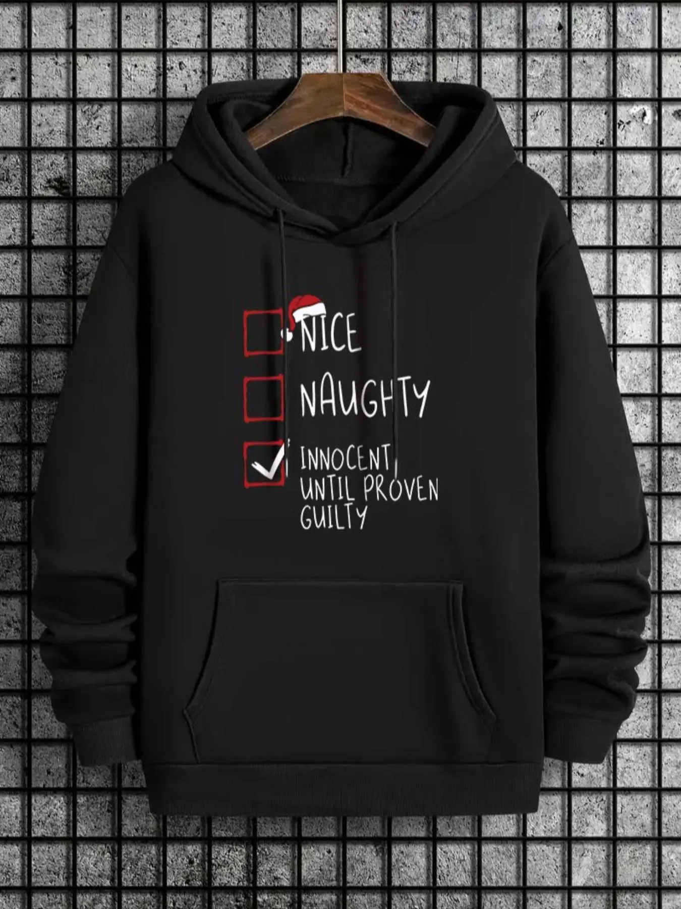 Men's Christmas Themed Santa Hat & Letter Print Drop Shoulder Hoodie, Fashion Casual Regular Fit Drawstring Pocket Hooded Sweatshirt for Daily Holiday Outdoor Wear, Men Clothes for Fall & Winter