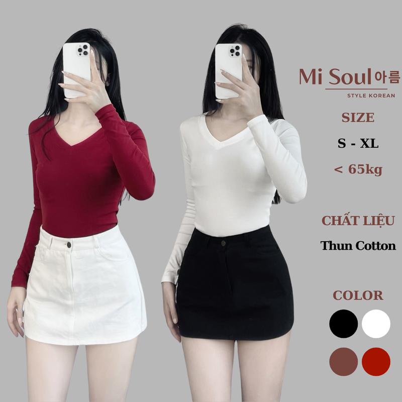  Áo Thun Nữ Cổ Tim Vải Cotton Co Giãn Dài Tay BigSize MiSoul Áo Thun Cotton Dài Tay Nữ Cổ V 352 Top Đen 
